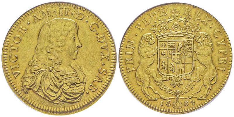 Vittorio Amedeo Duca II 1680-1713
20 Scudi d’oro, Torino, 1684, AU 66.44 g.
Aver...