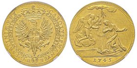 Carlo Emanuele III, Primo Periodo 1730-1755
4 Zecchini d’oro dell’annunciazione, Torino, 1745, AU 13.87 g. Avers : CAROLVS EMANVEL D G SARDINIAE REX
R...