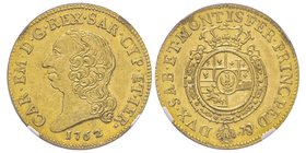 Carlo Emanuele III Secondo Periodo 1755-1773
Doppia Nuova, Torino, 1762, AU 9.62 g.
Ref : MIR 943g (R6), Sim. 30/6, Biaggi 808e, Fr. 1105 
Conservatio...