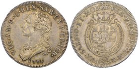 Vittorio Amedo III 1773-1796
Mezzo Scudo da 3 Lire, Torino, 1779, AG 17.48 g.
Ref : MIR 988g (R2), Sim. 10/7, Biaggi 849g
Conservation : NGC AU53. Rar...