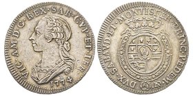 Vittorio Amedo III 1773-1796
Quarto di Scudo, Torino, 1774, AG 8.82 g.
Ref : MIR 989b (R4), Sim. 11/2, Biaggi 850b
Ex Vente UBS 73, 5 September 2007, ...