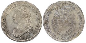 Vittorio Amedo III 1773-1796
Quarto di Scudo, Torino, 1793, AG 8.86 g.
Ref : MIR 989o (R6), Sim. 11/14, Biaggi 850o
Conservation : NGC MS62. Très Rare...