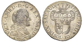 Vittorio Amedo III 1773-1796
10 Soldi, Torino, 1795 (5/4), Mi 2.87 g.
Ref : MIR 992b, Sim. 14, Biaggi 853b
Conservation : TTB/SUP