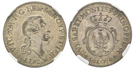 Vittorio Amedo III 1773-1796
7.6 Soldi, Torino, 1782, Mi 5.06 g.
Ref : MIR 993b (R2), Sim. 15/2, Biaggi 854
Conservation : NGC AU53