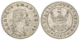 Carlo Emanuele IV 1796-1800
2.6 Soldi, Torino (Occupazione Austro-Russa), 1799, Mi 2.49 g.
Ref : MIR 1015b (R2), Pag. 8
Ex Vente Varesi Collezione Dem...