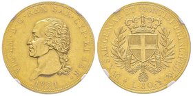 Vittorio Emanuele I 1802-1821
80 lire, Torino, 1821, AU 25.8 g.
Ref : MIR 1027 (R3), Pag. 1, Fr. 1130
Conservation : NGC AU58. Superbe