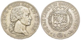 Vittorio Emanuele I 1802-1821
5 Lire, Torino, I tipo, 1820, AG 24.9 g.
Ref : MIR 1030e (R), Pag. 14
Conservation : traces de nettoyage sinon TTB/SUP