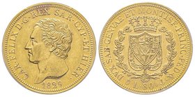 Carlo Felice 1821-1831
80 lire, Genova, 1829 (P), AU 25.8 g.
Ref : MIR 1032l, Pag.31, Fr. 1133 
Conservation : PCGS AU55. Superbe