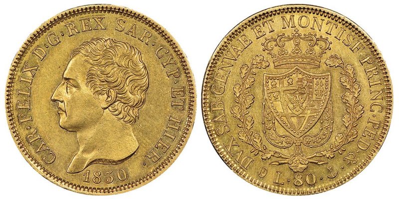 Carlo Felice 1821-1831
80 lire, Genova, 1830 (P), AU 25.8 g.
Ref : MIR 1032m, Pa...