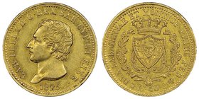 Carlo Felice 1821-1831
40 lire, Genova, 1825 (P), AU 12.85 g.
Ref : MIR 1033b (R2), Pag.41, Fr. 1135 
Conservation : NGC AU55
Quantité : 3994 exemplai...