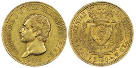Carlo Felice 1821-1831
40 lire, Torino, 1825 (L), AU 12.9 g.
Ref : MIR 1033c (R), Pag.42, Fr. 1134 
Conservation : NGC AU58. Superbe