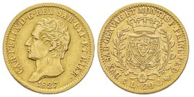 Carlo Felice 1821-1831
20 lire, Genova, 1827 (P), AU 6.40 g.
Ref : MIR 1034i (R3), Pag. 53, Fr. 1136
Conservation : Rayures sinon TTB+
Quantité : 1150...