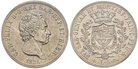 Carlo Felice 1821-1831
5 Lire, Torino, 1825, AG 25.00 g.
Ref : MIR 1035g, Pag. 69
Conservation : PCGS MS63. Superbe exemplaire
