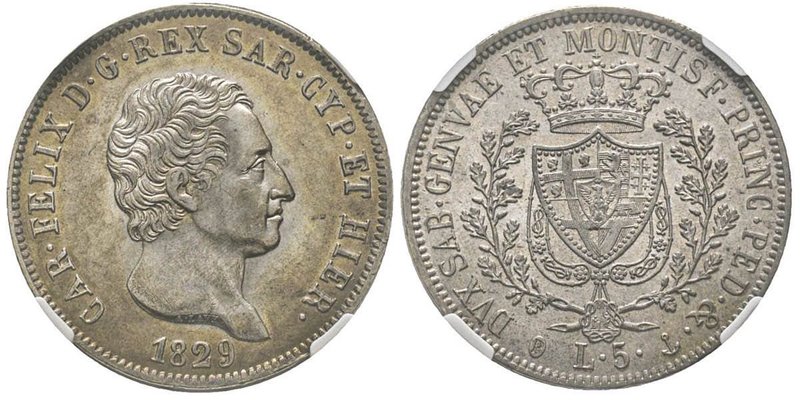 Carlo Felice 1821-1831
5 Lire, Genova, 1829, AG 25.00 g.
Ref : MIR 1035n, Pag. 7...