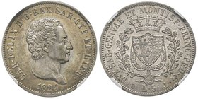 Carlo Felice 1821-1831
5 Lire, Genova, 1829, AG 25.00 g.
Ref : MIR 1035n, Pag. 76
Conservation : NGC MS62. Superbe et belle patine