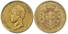 Carlo Alberto 1831-1849
100 lire, Torino, 1834 (P), AU 32.25 g.
Ref : MIR 1043e, Pag. 139, Fr. 1138 
Conservation : NGC AU58. Superbe