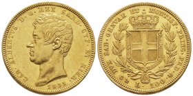 Carlo Alberto 1831-1849
100 lire, Genova, 1835 (P), AU 32.25 g.
Ref : MIR 1043f, Pag. 140, Fr. 1139
Conservation : presque Superbe
