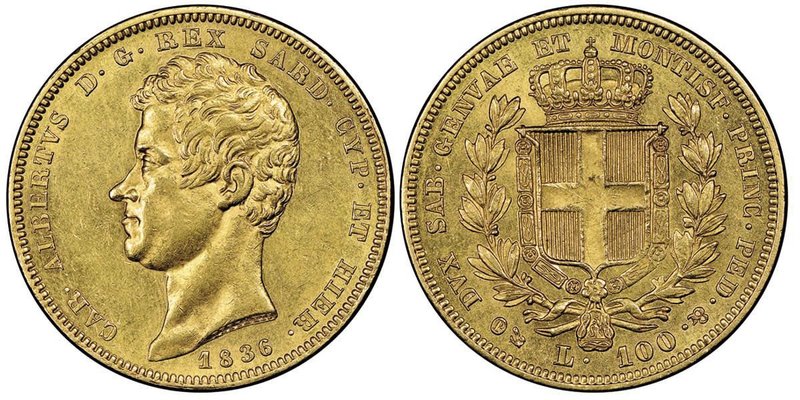 Carlo Alberto 1831-1849
100 lire, Genova, 1836 (P), AU 32.25 g.
Ref : MIR 1043h,...