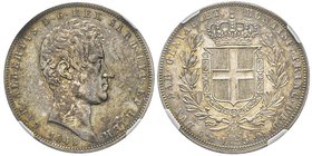 Carlo Alberto 1831-1849
5 Lire, Genova, 1842, AG 25.00 g.
Ref : MIR 1047z, Pag. 251
Conservation : NGC MS61