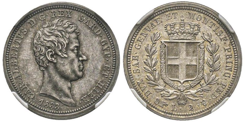 Carlo Alberto 1831-1849
2 Lire, Torino, 1833, AG 10.00 g.
Ref : MIR 1048d (R4), ...