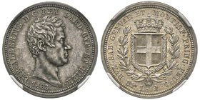 Carlo Alberto 1831-1849
2 Lire, Torino, 1833, AG 10.00 g.
Ref : MIR 1048d (R4), Pag. 270
Conservation : NGC MS63. Le plus bel exemplaire connu
Quantit...