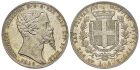 Vittorio Emanuele II 1849-1861- Re di Sardegna
5 lire, Torino, 1850, AG 25 g.
Ref : MIR 1057b (R2), Pag. 371
Conservation : PCGS UNC detail, traces de...