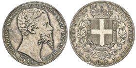Vittorio Emanuele II 1849-1861- Re di Sardegna
5 Lire, Genova, 1859, AG 25 g.
Ref : MIR 1057r (R), Pag. 387
Conservation : PCGS MS62. Rare, le plus ha...