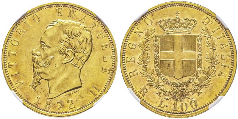 Vittorio Emanuele II 1861-1878 - Re d'Italia
100 Lire, Roma, 1872 R, AU 32.25 g....