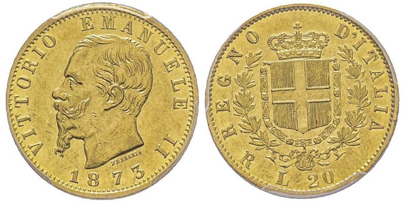 Vittorio Emanuele II 1861-1878 - Re d'Italia
20 Lire, Roma, 1873 R, AU 6.45 g.
R...