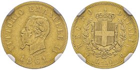 Vittorio Emanuele II 1861-1878 - Re d'Italia
10 Lire, Torino, 1861, AU 3.22 g.
Ref : MIR 1079a (R4), Pag. 476, Fr. 15
Conservation : NGC Fine 12.
Quan...