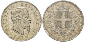 Vittorio Emanuele II 1861-1878 - Re d'Italia
5 Lire, Roma, 1870 R, AG 25 g.
Ref : MIR 1082j (R), Pag. 491
Conservation : NGC MS63+. Rare. Le plus bel ...