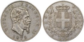 Vittorio Emanuele II 1861-1878 - Re d'Italia
5 Lire, Roma, 1872 R, AG 25.00 g.
Ref : MIR 1082q (R2), Pag. 495
Conservation : NGC XF45. Très Rare.