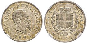 Vittorio Emanuele II 1861-1878 - Re d'Italia
50 centesimi, Milano, 1863 M, AG 2.5 g. 
Ref : MIR 1087e, Pag. 525 
Conservation : NGC MS63