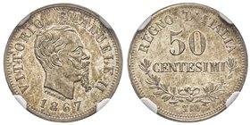 Vittorio Emanuele II 1861-1878 - Re d'Italia
50 centesimi, Torino, 1867 T, AG 2.5 g. 
Ref : MIR 1088g (R2), Pag. 533
Conservation : NGC MS65. Rare et ...