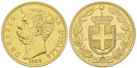 Umberto I 1878-1900
100 Lire, Roma, 1883 R, AU 32.25 g.
Ref : MIR 1096c (R),Pag. 569, Fr. 18 
Conservation : traces de nettoyage sinon Superbe