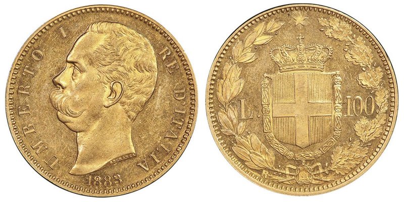 Umberto I 1878-1900
100 Lire, Roma, 1883 R, AU 32.25 g.
Ref : MIR 1096c (R),Pag....