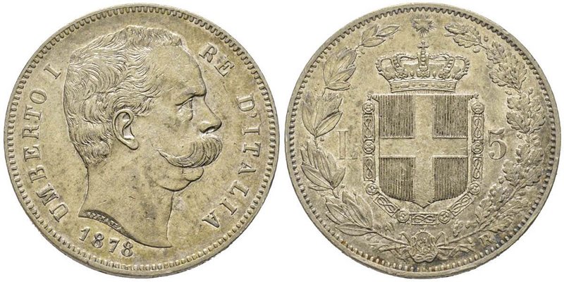 Umberto I 1878-1900
5 Lire, Roma, 1878 R, AG 24.88g.
Ref : MIR 1099a (R2), Mont....