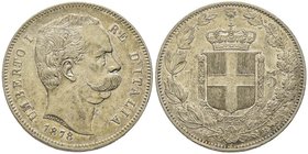 Umberto I 1878-1900
5 Lire, Roma, 1878 R, AG 24.88g.
Ref : MIR 1099a (R2), Mont.32, Pag.589
Conservation : Superbe. Très Rare