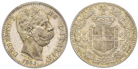Umberto I 1878-1900
2 Lire, Roma, 1883, AG 10 g.
Ref : MIR 1101c, Pag. 593
Conservation : PCGS MS62