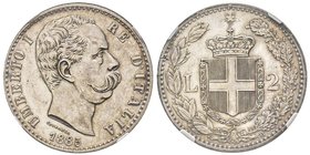 Umberto I 1878-1900
2 Lire, Roma, 1885, AG 10 g.
Ref : MIR 1101e (R), Pag. 595
Conservation : NGC MS62. Le plus bel exemplaire gradé.