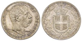 Umberto I 1878-1900
2 Lire, Roma, 1897, AG 10 g.
Ref : MIR 1102b, Pag. 598
Conservation : PCGS UNC detail, traces de nettoyage sinon FDC