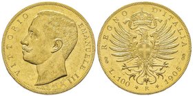 Vittorio Emanuele III 1900-1943
100 lire, Roma, 1905 R, AU 32.25 g. 
Ref : MIR 1114c (R2), Pag. 639, Fr. 22 
Conservation : presque Superbe. 
Rare Qua...