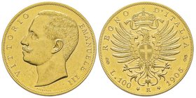 Vittorio Emanuele III 1900-1943
100 lire, Roma, 1905 R, AU 32.25 g. 
Ref : MIR 1114c (R2), Pag. 639, Fr. 22 Conservation : Superbe. Rare
Quantité : 1...