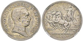 Vittorio Emanuele III 1900-1943
5 Lire Quadriga briosa, Roma, 1914, AG 25 g.
Ref : MIR 1136a (R2), Pag. 708, KM#56
Conservation : NGC MS63.
