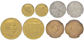 Vittorio Emanuele III 1900-1943
Serie PROVA, Stabilimento Johnson, Milano, 1903, 100, 20 Lire Bronzo dorato (Gilt), 2 Lire Nickel e 10 centesimi Rame
...