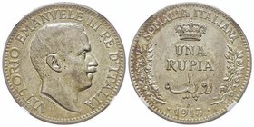 Vittorio Emanuele III 1900-1943
Somalia Italiana
1 Rupia (1.68 Lire), 1913, AG 11.66 g.
Ref : MIR 1175c (R), Pag. 960
Conservation : NGC MS62