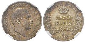 Vittorio Emanuele III 1900-1943
Somalia Italiana
1/2 Rupia (0.84 Lire), 1915, AG 5.82 g.
Ref : MIR 1176d (R), Pag. 969
Conservation : NGC AU55