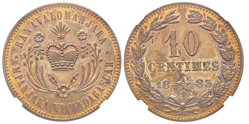Madagascar
Ranavalona III 1883-1897
10 centimes, 1883 E (essai), Cu 9.82 g.
Ref ...