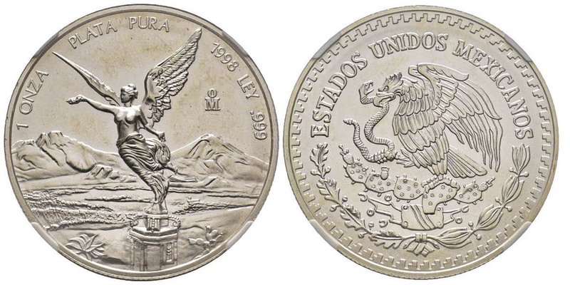 Mexico
1 once argent, 1998, AG 31.1 g.
Ref : KM#613
Conservation : NGC MS68