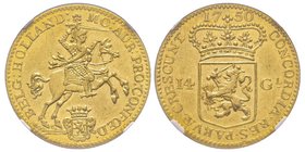 Netherland
West Friesland
14 Gulden, 1750, AU 9.93 g. 917‰
Ref : Fr. 242, KM#130
Conservation : NGC MS62+